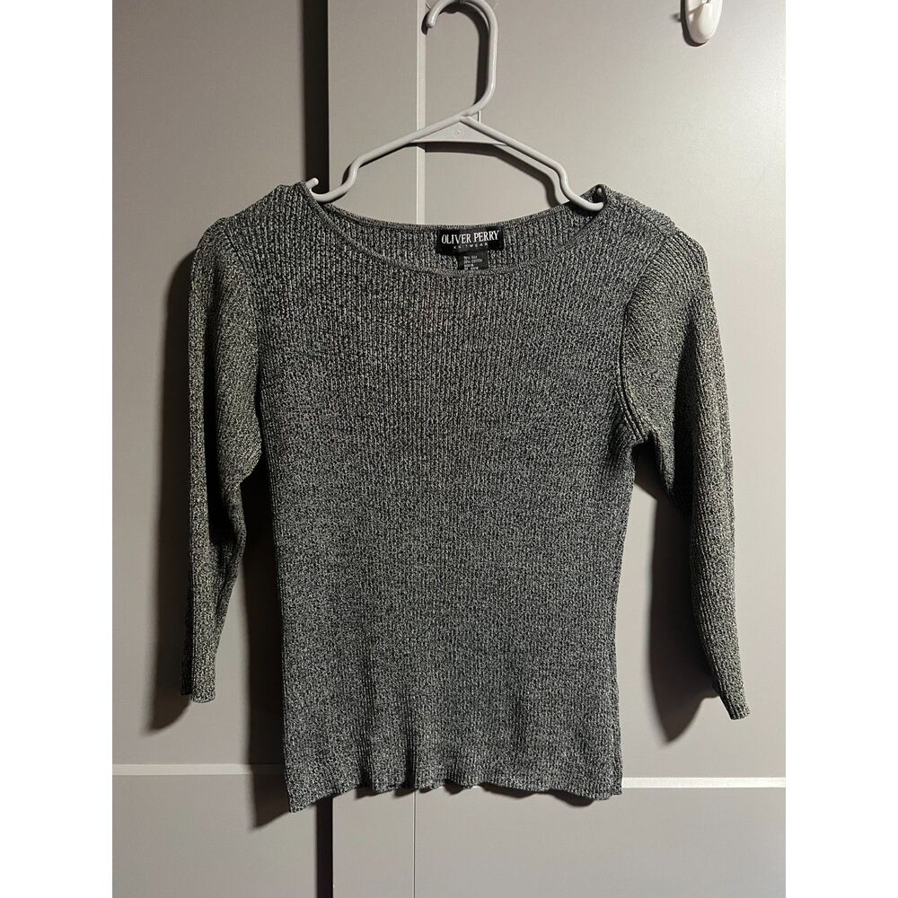 Oliver Perry Knitwear Women Silk Blend Ribbed 3/4 Sleeve Stretchy Shirt Gray Med